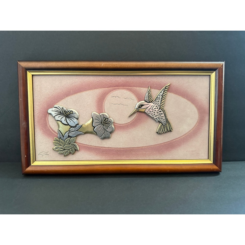 Vintage Mixed-Metal Hummingbird & Flower Framed Signed Art‎